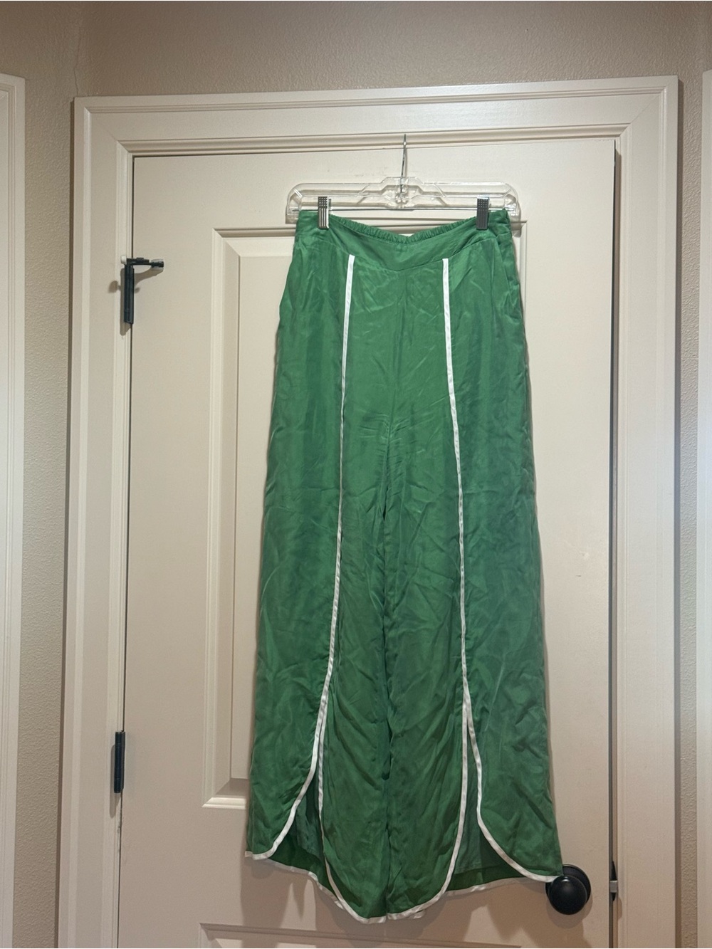 Green Wide-Leg Pants with Contrast Piping